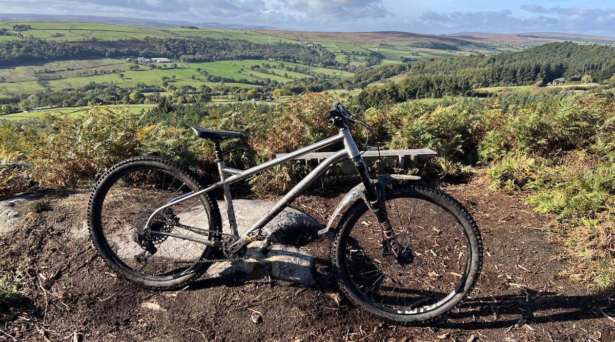 A mountain bike at the top of a scenic hill