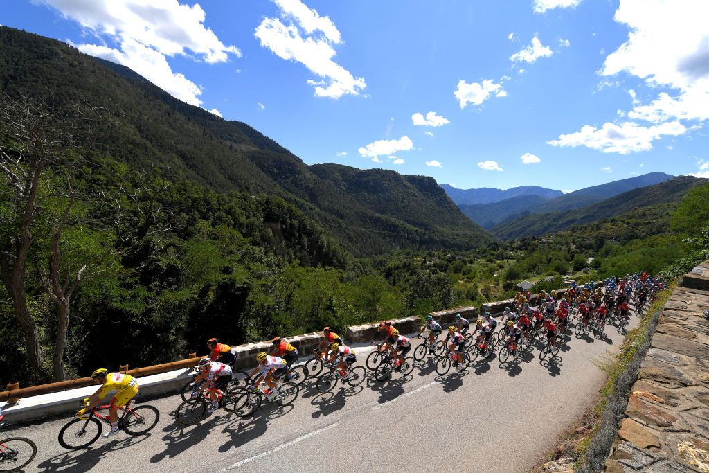 NICE FRANCE AUGUST 30 Alexander Kristoff of Norway and UAE Team Emirates Yellow Leader Jersey Peloton Landscape during the 107th Tour de France 2020 Stage 2 a 186km stage from Nice Haut Pays to Nice TDF2020 LeTour on August 30 2020 in Nice France Photo by Tim de WaeleGetty Images