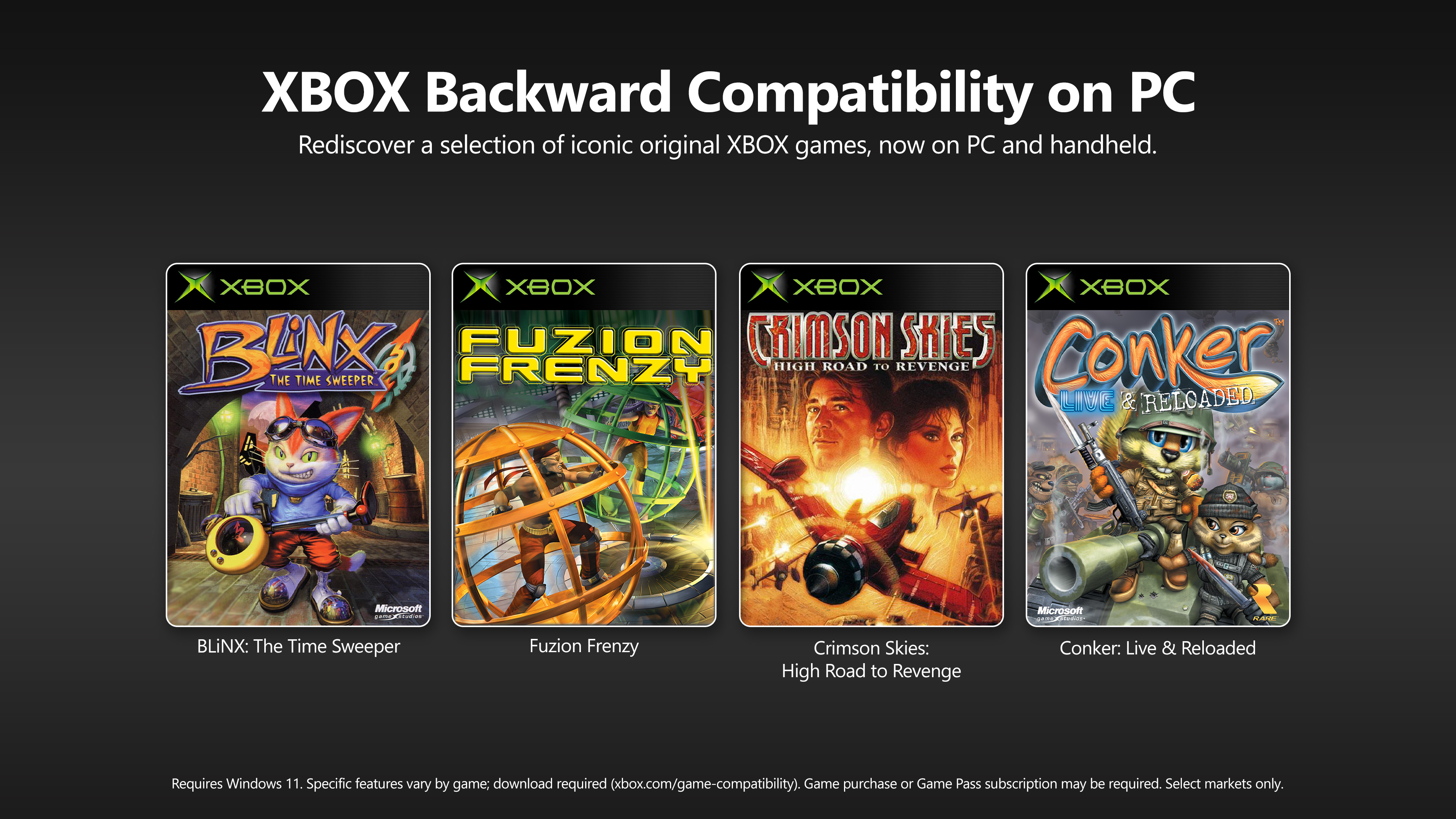 Xbox announces back compat for PC, with Blinx, Fusion Frenzy, Crimson Skies, and Conker leading the charge. 
