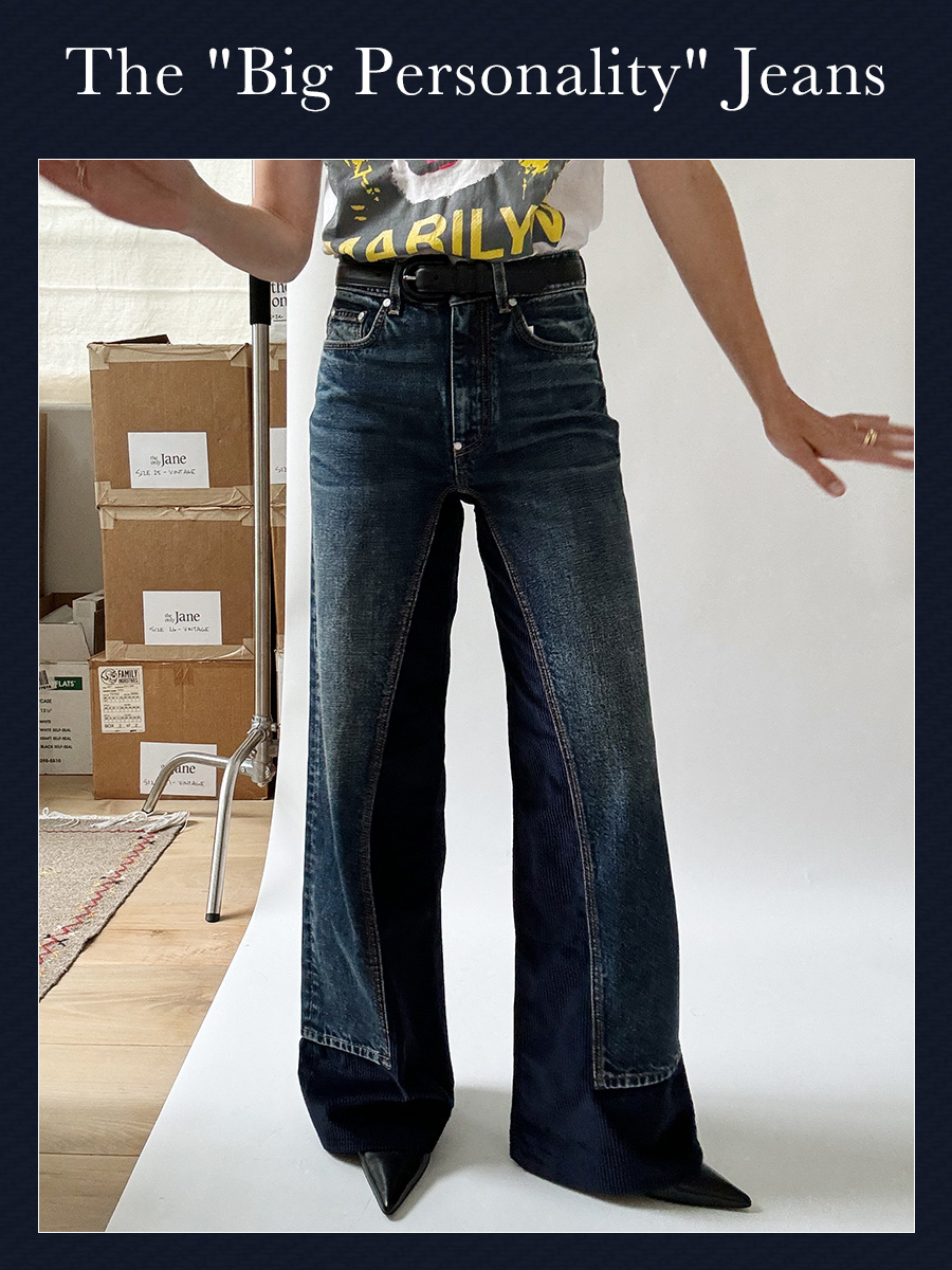 Woman in statement wide-leg jeans.