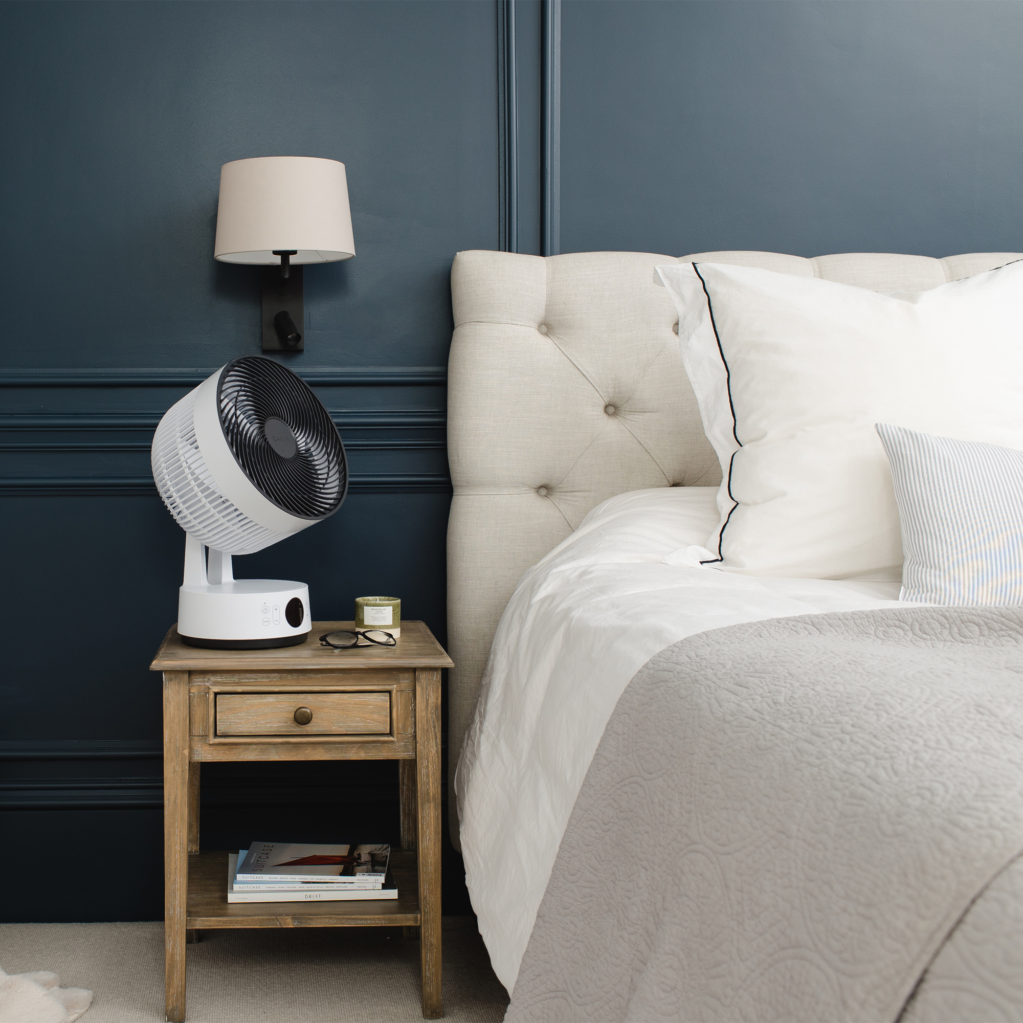 Meaco Sefte Table Top Fan on bedside table