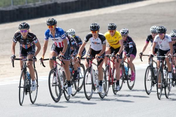 Emily Collins (Vanderkitten) is trailed up the Laguna Seca Raceway climb by national road race champ Robin Farina (NOW-Novartis) and the rest of the yellow jersey group