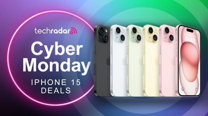 Cyber Monday iPhone 15 deals banner with multiple iPhones showing back colors