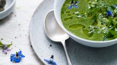 Bowl of vibrant green soup with blue edible flowers in it