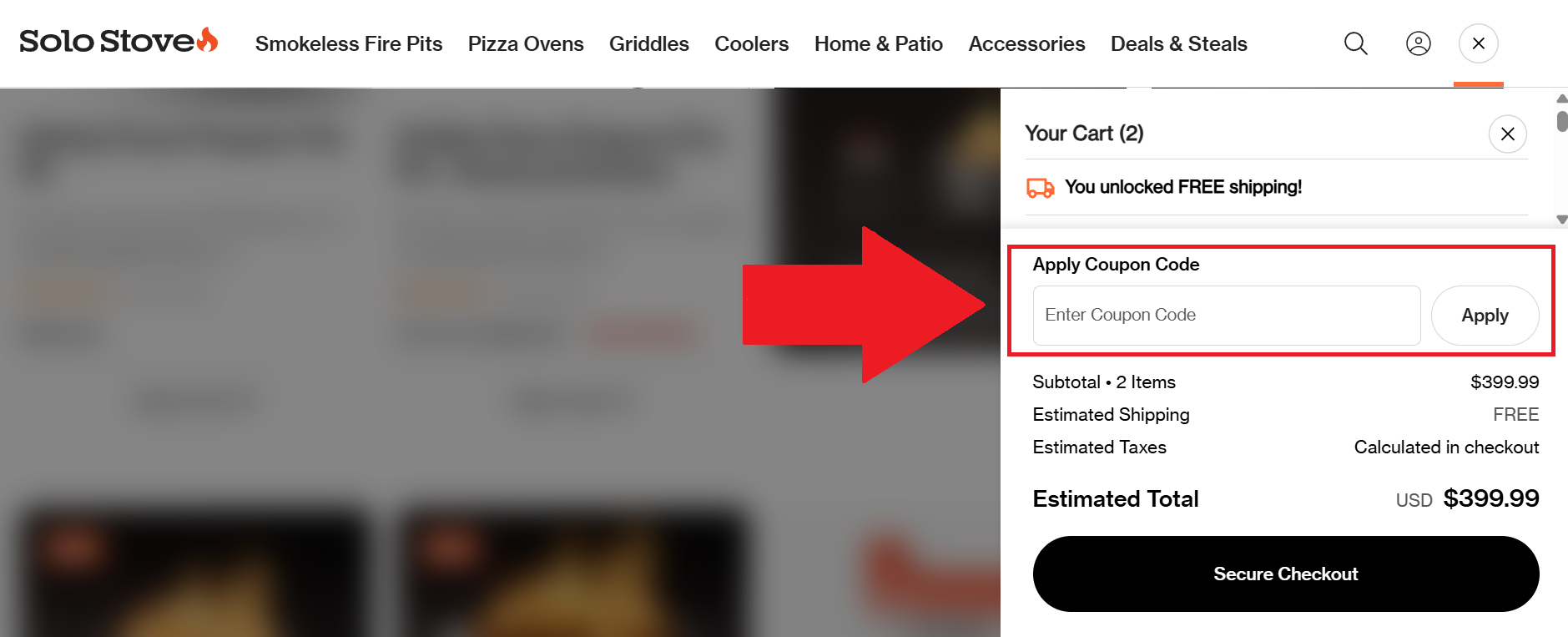 A screenshot of the solo stove shopping cart showing where to enter a solo stove discount code