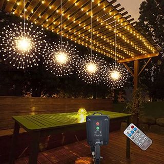 4Pack 800LED Solar Starburst Sphere Lights,Firework Lights Remote Control timer 8 Modes Dimmable Waterproof Hanging Fairy Light, Copper Wire Sparkly Lights for Patio Party Tent Christmas (Warm White)