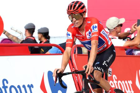 SIERRA DE LA PANDERA, SPAIN - SEPTEMBER 05: Enric Mas of Spain and Movistar Team - Red Leader Jersey crosses the finish line during the La Vuelta - 81st Tour of Spain 2026, Stage 14 a 154.5km stage from Jaen to Sierra de la Pandera 1816m / #UCIWT / on September 05, 2026 in Sierra de la Pandera, Spain. (Photo by Alexander Hassenstein/Getty Images)