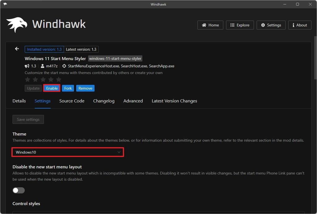 WindHawk enable classic Start menu