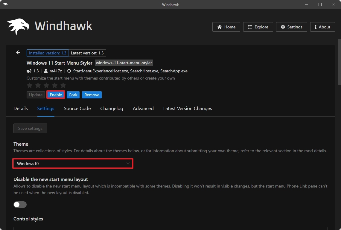 WindHawk enable classic Start menu