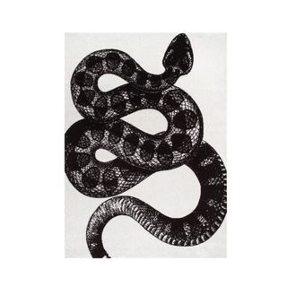 A white area rug with a black snake on it