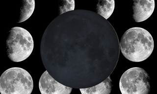 An illustration of the completely dark new moon against a backdrop of the moon during its lunar cycle.