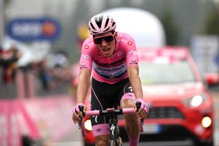 PIANCAVALLO ITALY OCTOBER 18 Arrival Joao Almeida of Portugal and Team Deceuninck QuickStep Pink Leader Jersey Disappointment during the 103rd Giro dItalia 2020 Stage 15 a 185km stage from Base Aerea Rivolto Frecce Tricolori to Piancavallo 1290m girodiitalia Giro on October 18 2020 in Piancavallo Italy Photo by Tim de WaeleGetty Images