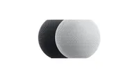two apple homepod mini smart speakers; one in gray, and one in white