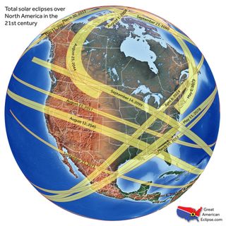 This map by cartographer Michael Zeiler shows the path of the 2024 total solar eclipse across the United States, as well as future solar eclipses in the years to come.