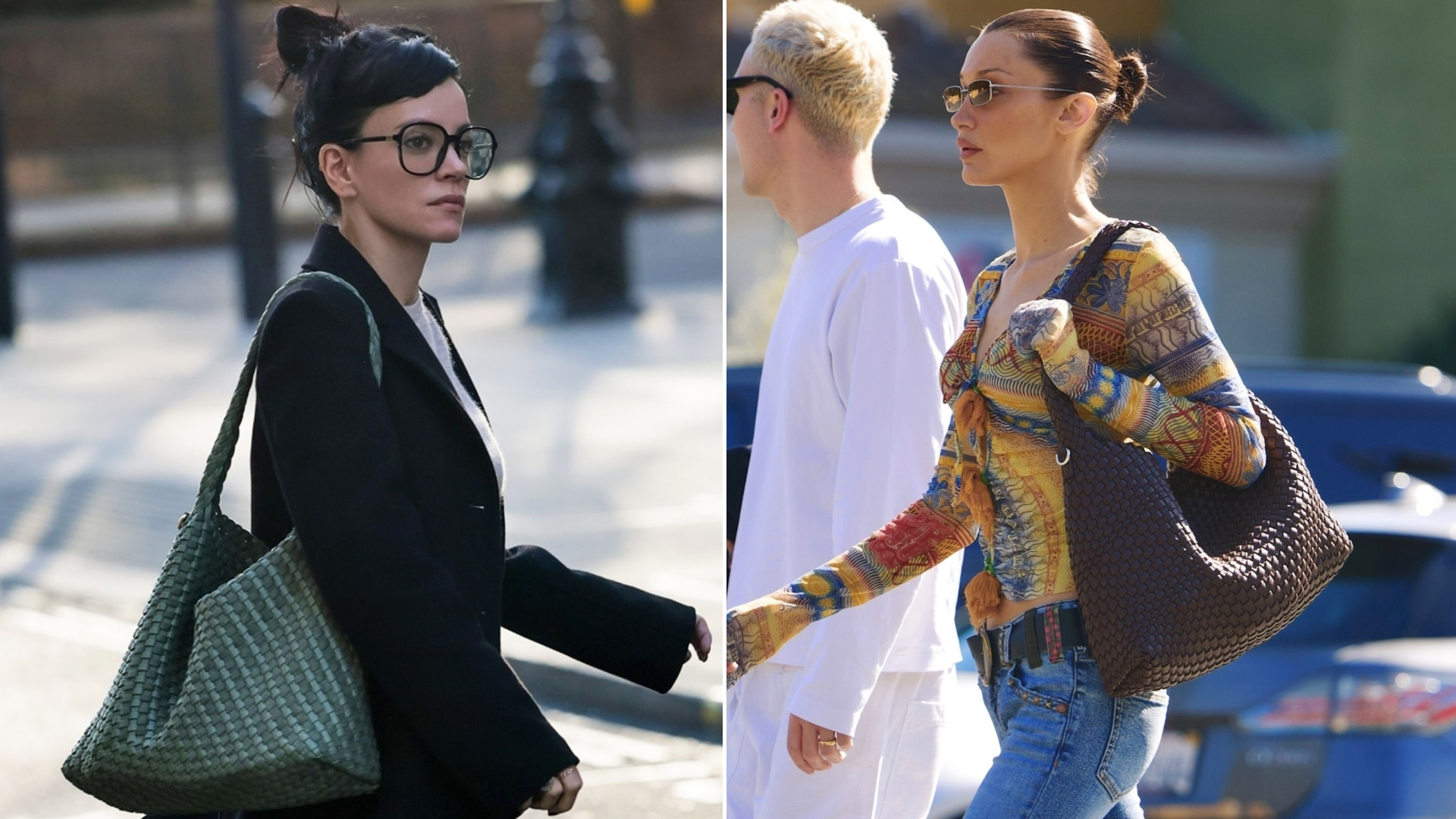 Lily Allen wore a woven leather green tote from Dune London, which Bella Hadid also owns