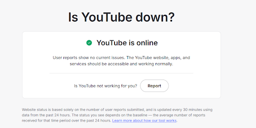 The NordVPN 'Is it down?' service website showing the status of YouTube and whether the website is working.
