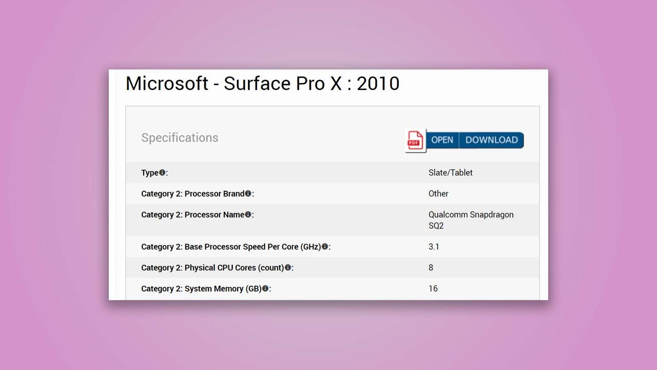 A portion of the Microsoft Surface Pro X Energy Star Certification document against a pink spotlit backgrouund