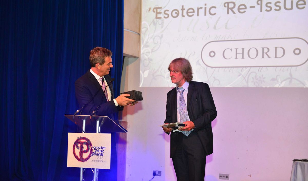 Storm Thorgerson Grand Design Winner Anthony Phillips with presenter Matthew Wright