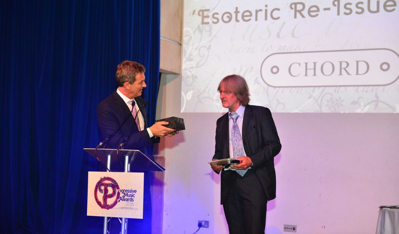 Storm Thorgerson Grand Design Winner Anthony Phillips with presenter Matthew Wright