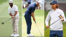 JJ Spaun watches a putt, Patrick Cantlay hits a putt and Tommy Fleetwood walks on to the green