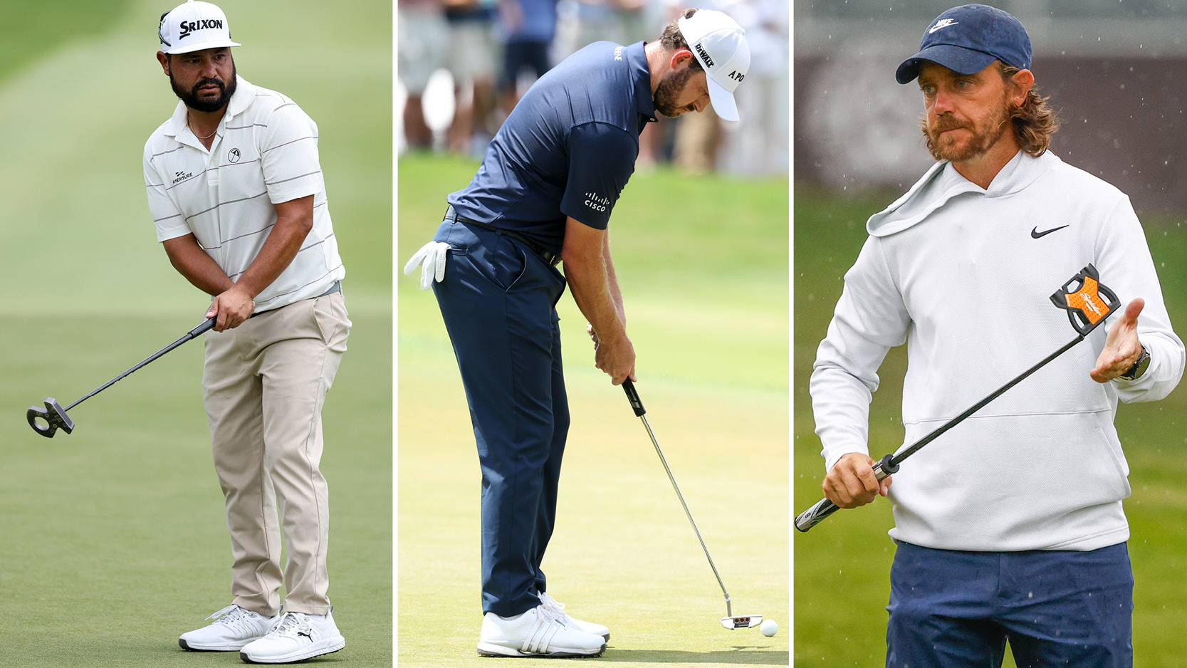 JJ Spaun watches a putt, Patrick Cantlay hits a putt and Tommy Fleetwood walks on to the green