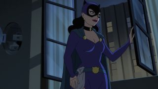 Purple-costumed Catwoman standing next to open window in Batman: Caped Crusader