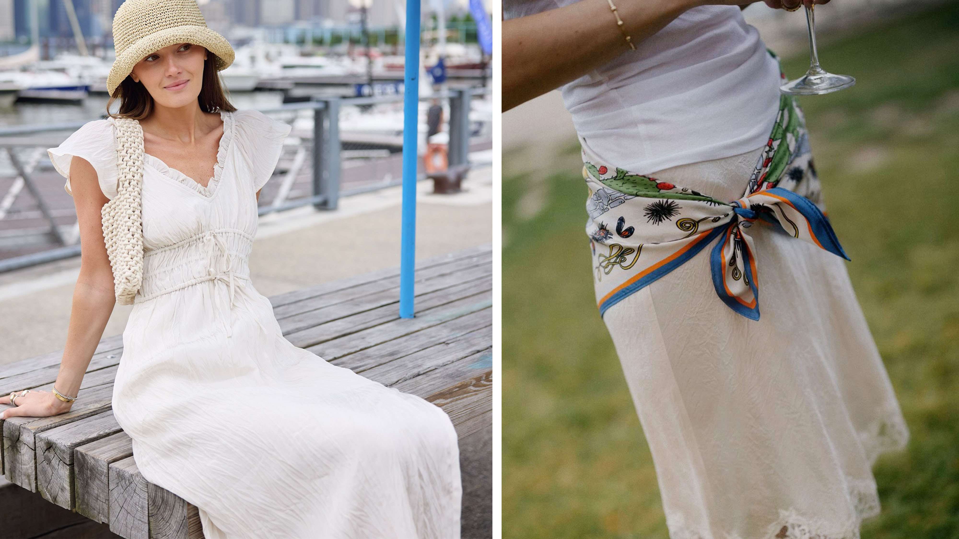 Woman in white J.Crew dress, woman in white lace skirt and silk scarf