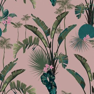 Close up of wallpaper featuring a dusky pink background, covered in tropical green plants and pink flowers