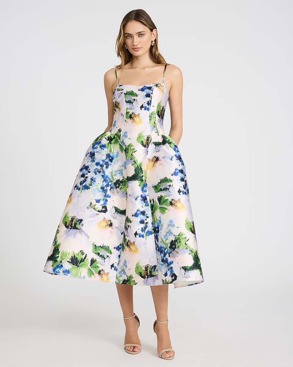 Express, Floral Satin Sweetheart Basque Waist Midi Fit and Flare Dress with Pockets