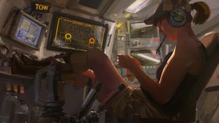Key art for Ostranauts, showing a ship pilot sitting in a cockpit before a cluster of monitors.