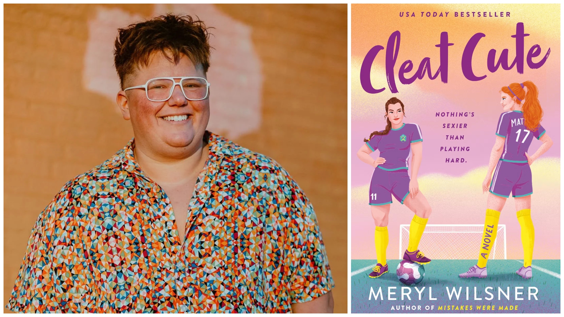 a split image of author meryl wilsner's headshot of them posing in a printed shirt by an orange wall and the cover of their romance novel cleat cute
