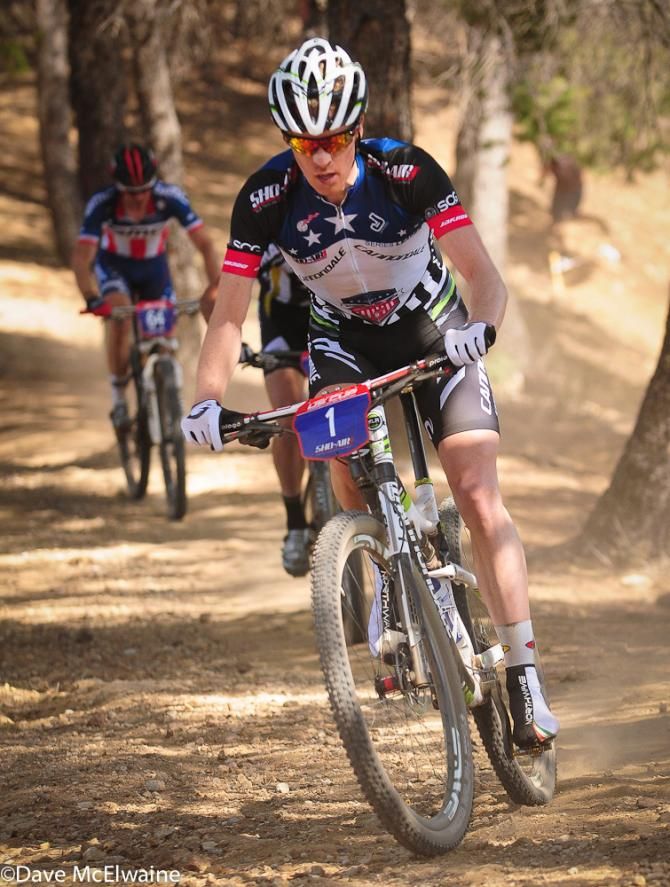 Series leader Max Plaxton (Cannondale Factory Racing) riding in fifth position early in the race