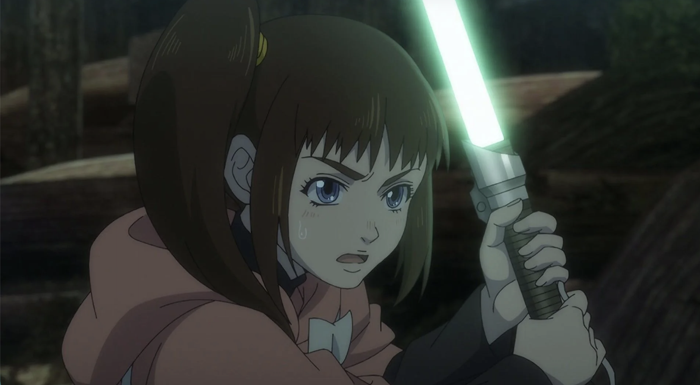 An anime-style character with brown hair in a ponytail wielding a glowing green lightsaber with a determined expression.