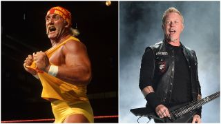Hulk Hogan posing and James Hetfeld smiling on stage