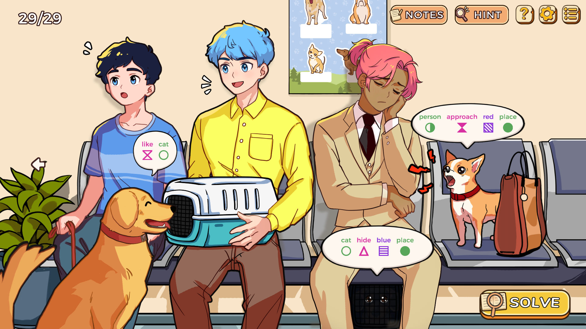 Three people waiting at a vet's office in Little Problems.