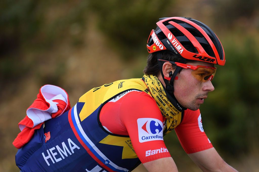 PUEBLA DE SANABRIA SPAIN NOVEMBER 05 Primoz Roglic of Slovenia and Team Jumbo Visma Red Leader Jersey during the 75th Tour of Spain 2020 Stage 15 a 2308km stage from Mos to Puebla de Sanabria 924m lavuelta LaVuelta20 La Vuelta on November 05 2020 in Puebla de Sanabria Spain Photo by Justin SetterfieldGetty Images