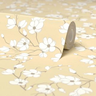 yellow wallpaper with white floral pattern