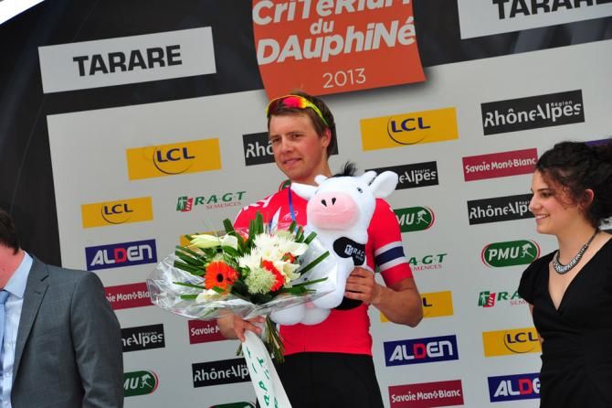 Norwegian champion Edvald Boasson Hagen with the spoils of his stage victory at the Dauphin&eacute;