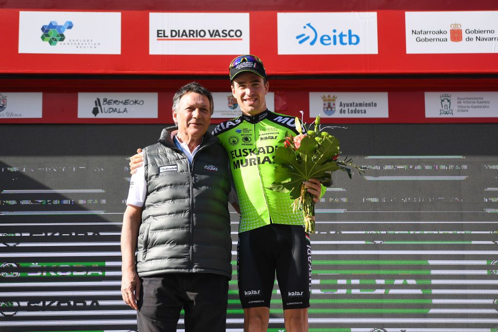 Aritz Bag&uuml;es (Euskadi-Murias) on the podium at Itzulia Basque Country 2019