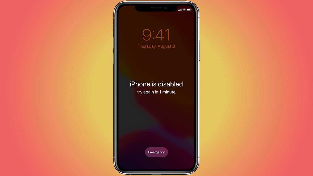 A disabled iPhone on top of a yellow and red background