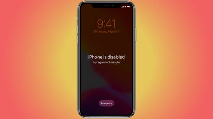 A disabled iPhone on top of a yellow and red background