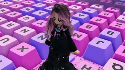A Roblox player stands on pink keyboard keys in +1 Speed Keyboard Escape on Roblox.