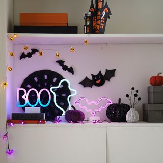 Halloween decorations in a white living room