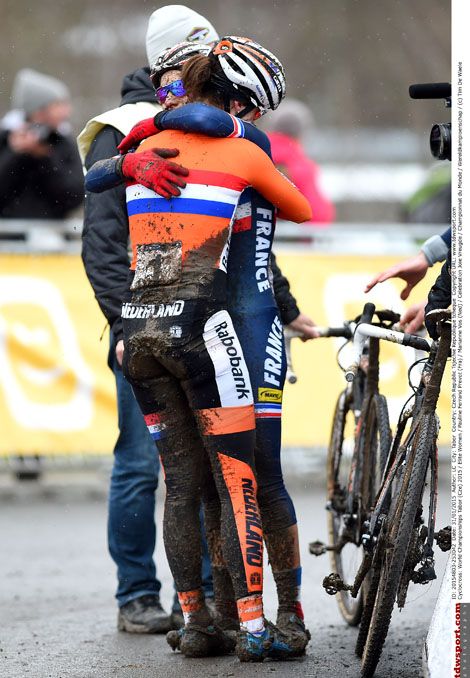 Marianne Vos congratulates her trade teammate Pauline Ferrand-Pr&eacute;vot