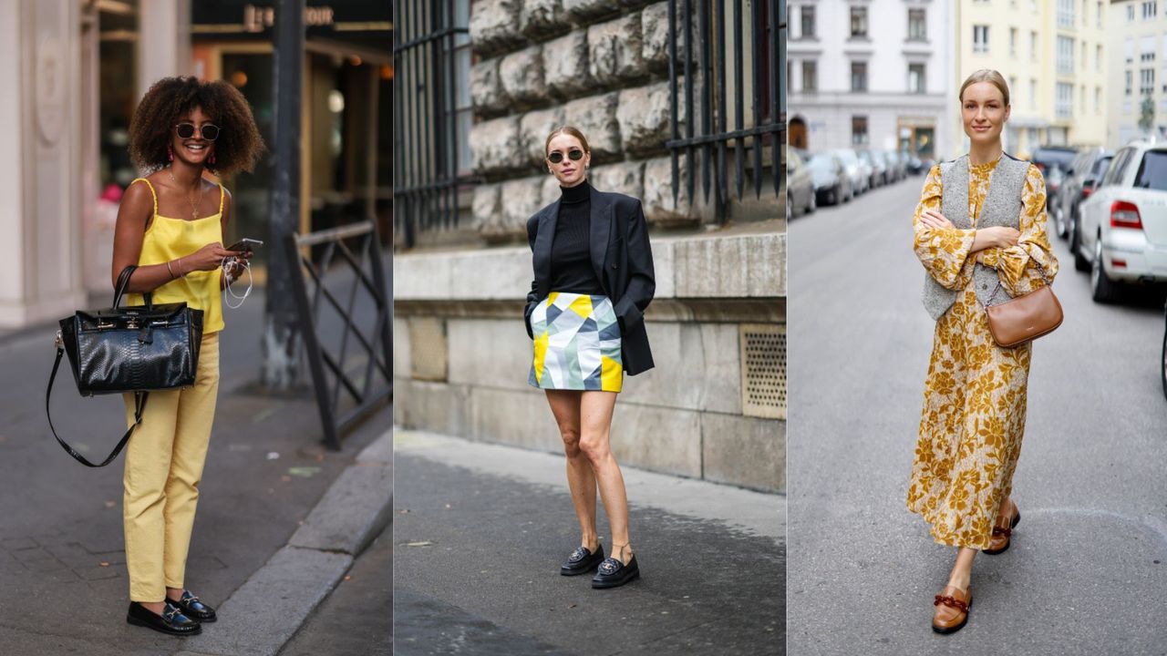 A composite of street style influencers showing how to style loafers for women