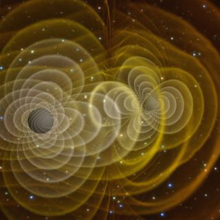 3D visualization of gravitational waves produced by two orbiting black holes.