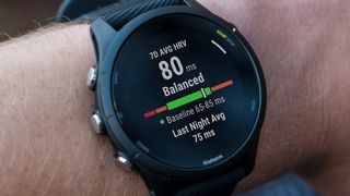 a photo of the HRV status window on the Garmin watch on a wrist, reading 80ms and Balanced