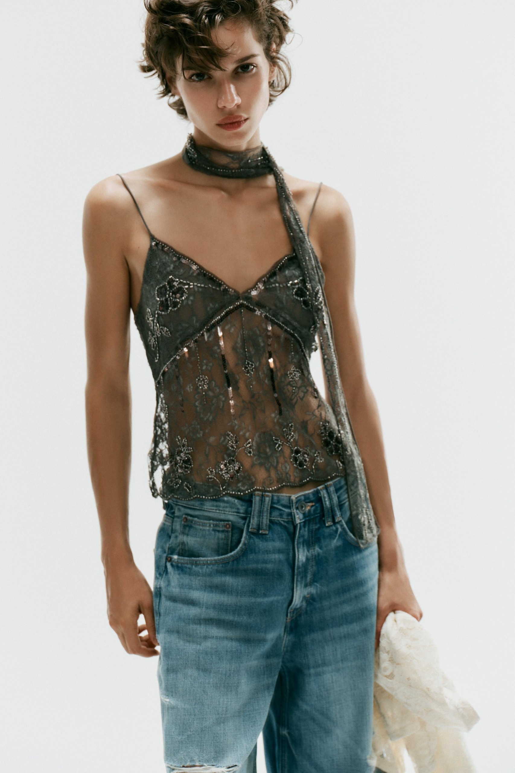 ZARA, Embroidered Lace Top With Scarf - Gray - S