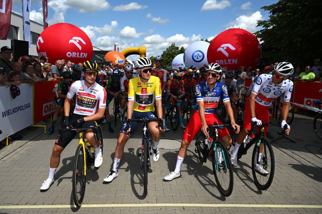 Jerseys at the start of stage 2 (L-R): White sprint jersey Olav Kooij (Jumbo-Visma), yellow leader&rsquo;s jersey Tim Merlier (Soudal-Quick Step), blue best Polish rider jersey Norbert Banaszek (Poland) and polka dot mountain jersey Patryk Stosz (Poland)