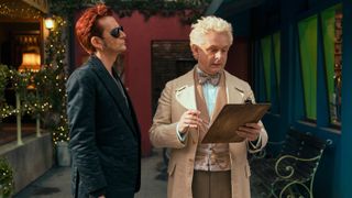 Crowley (David Tennant) and Aziraphale (Michael Sheen) in the street in Good Omens season 2 episode 5